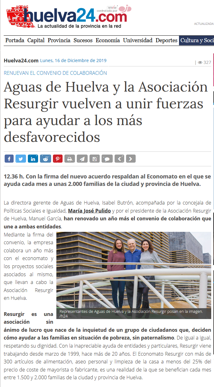 Aguas de Huelva y la Asociación Resurgir vuelven a unir fuerzas para ayudar a los más desfavorecidos