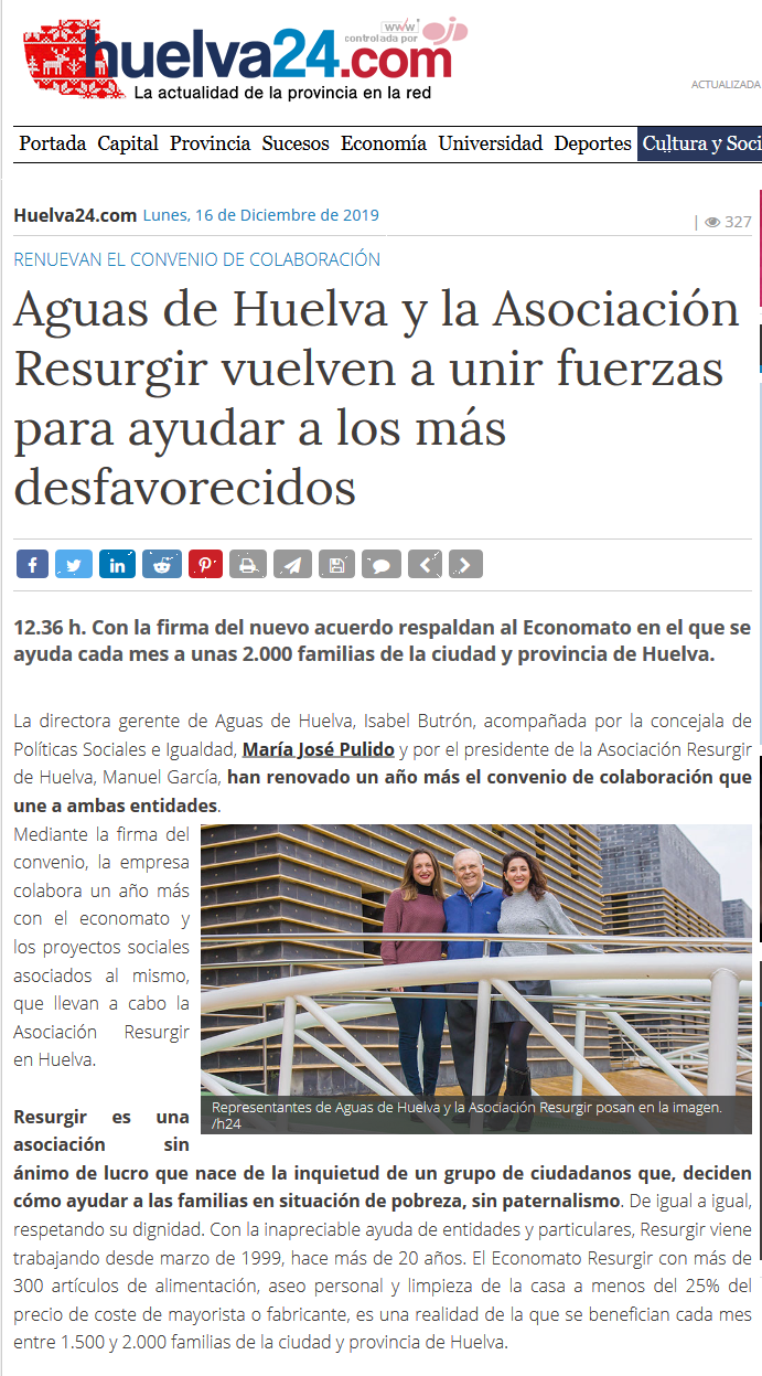 Aguas de Huelva y la Asociación Resurgir vuelven a unir fuerzas para ayudar a los más desfavorecidos Aguas de Huelva y la Asociación Resurgir vuelven a unir fuerzas para ayudar a los más desfavorecidos