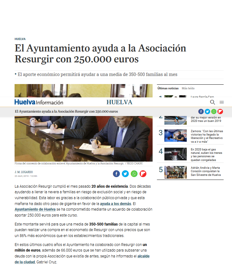 El Ayuntamiento ayuda a la Asociación Resurgir con 250 000 euros
