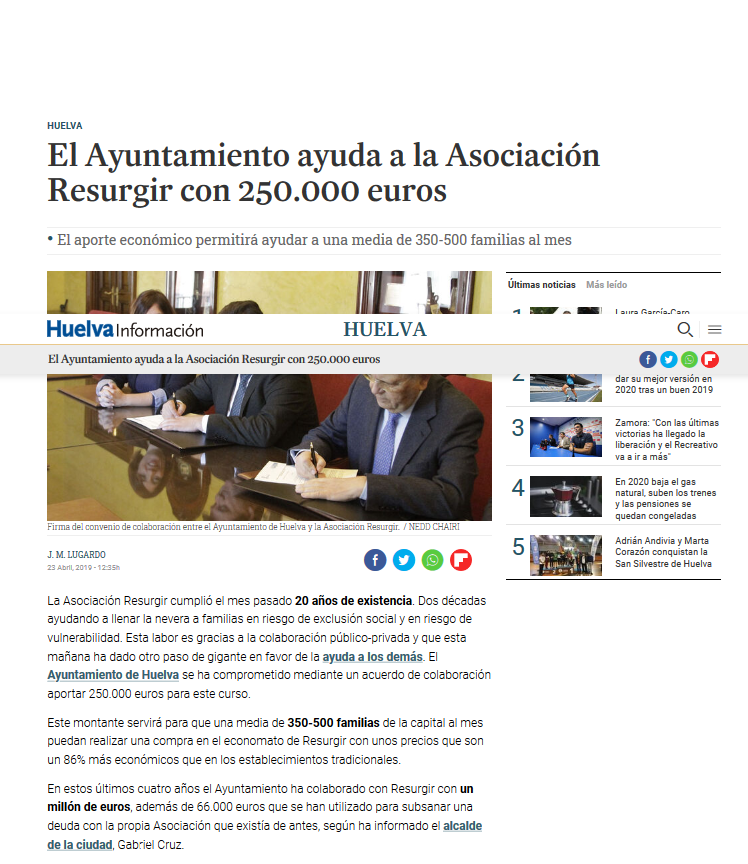 El Ayuntamiento ayuda a la Asociación Resurgir con 250 000 euros El Ayuntamiento ayuda a la Asociación Resurgir con 250 000 euros