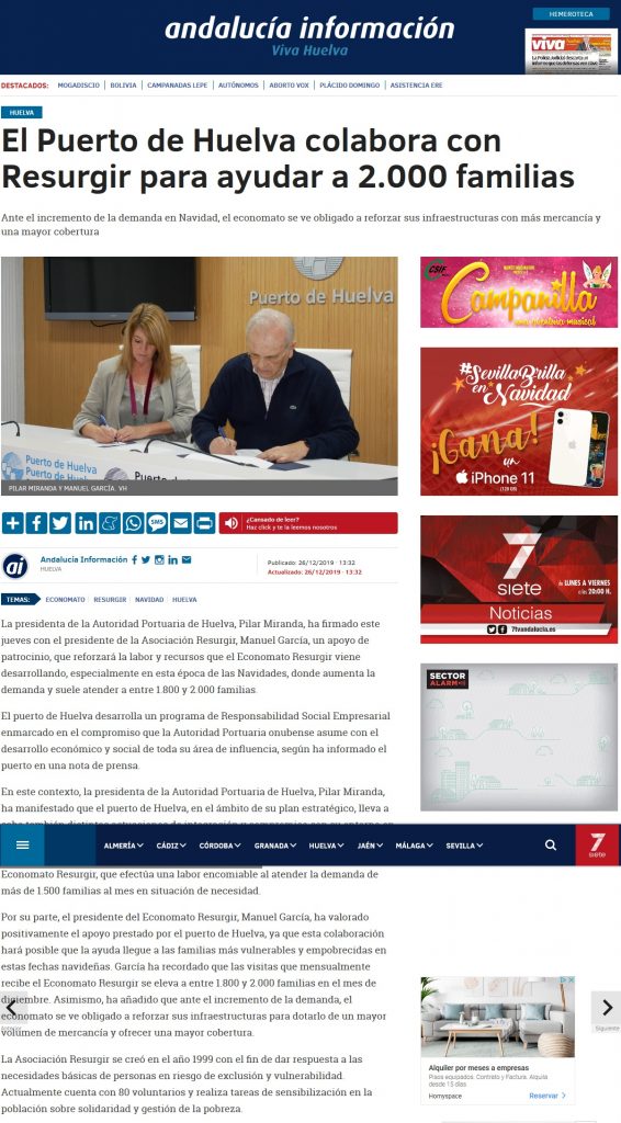 El Puerto de Huelva colabora con Resurgir para ayudar a 2 000 familias