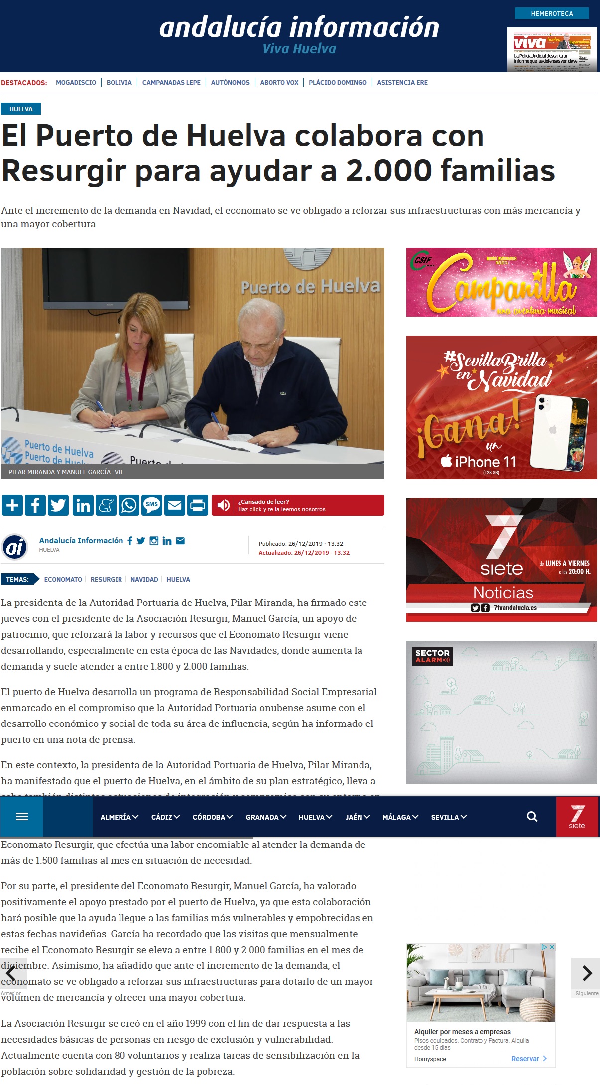 El Puerto de Huelva colabora con Resurgir para ayudar a 2 000 familias El Puerto de Huelva colabora con Resurgir para ayudar a 2 000 familias