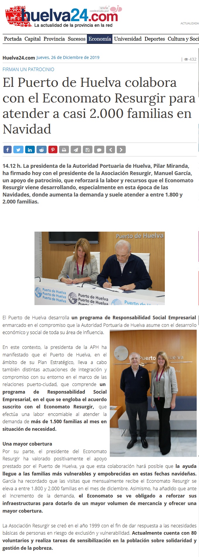 El Puerto de Huelva colabora con el Economato Resurgir para atender a casi 2 000 familias en Navidad