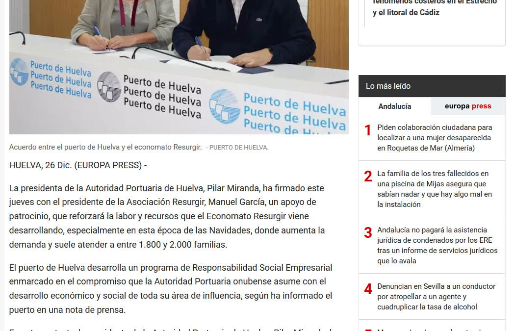 El Puerto de Huelva colabora con el economato Resurgir para ayudar a cerca de 2.000 familias en Navidad
