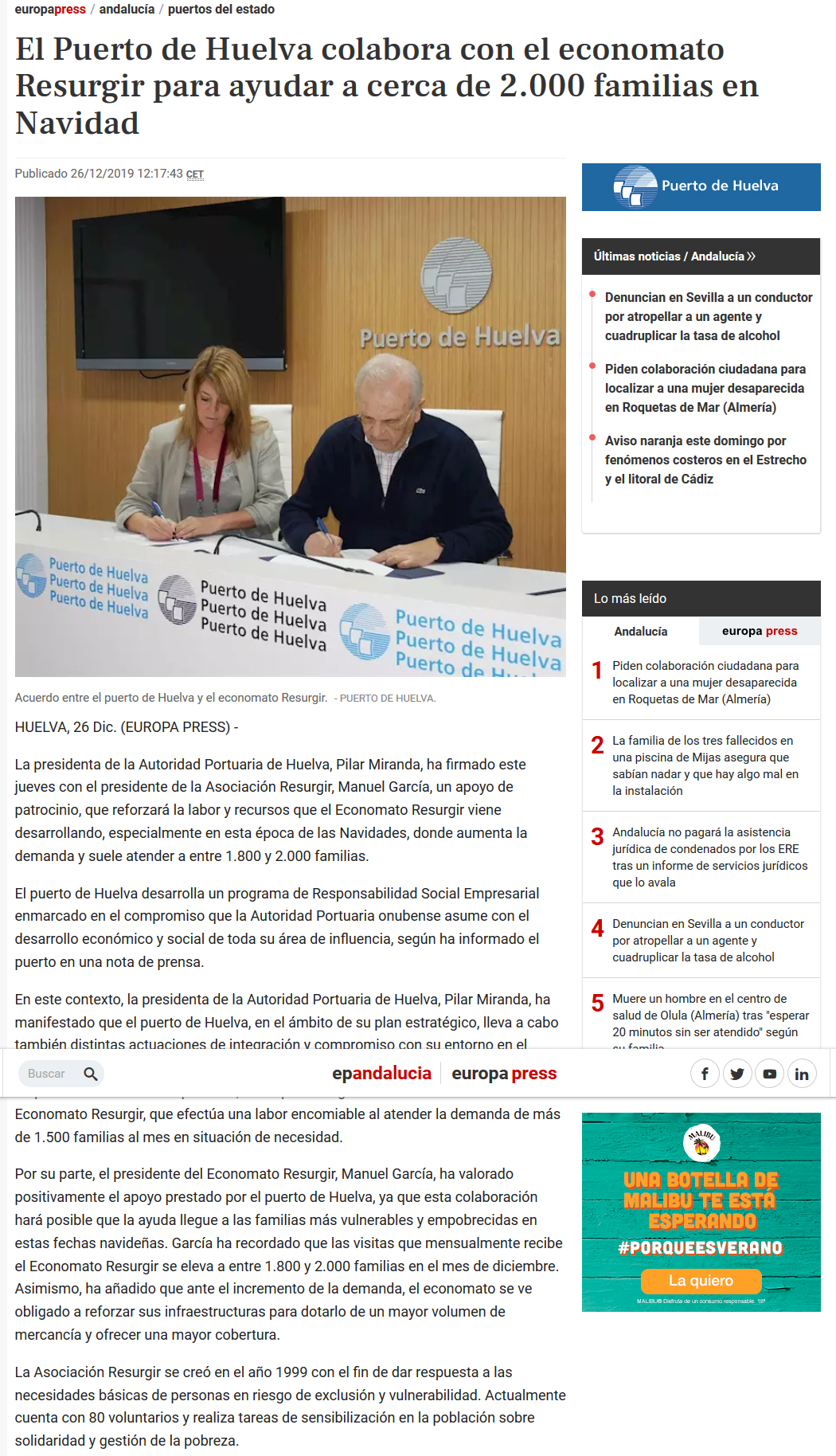 El Puerto de Huelva colabora con el economato Resurgir para ayudar a cerca de 2 000 familias en Navidad El Puerto de Huelva colabora con el economato Resurgir para ayudar a cerca de 2 000 familias en Navidad