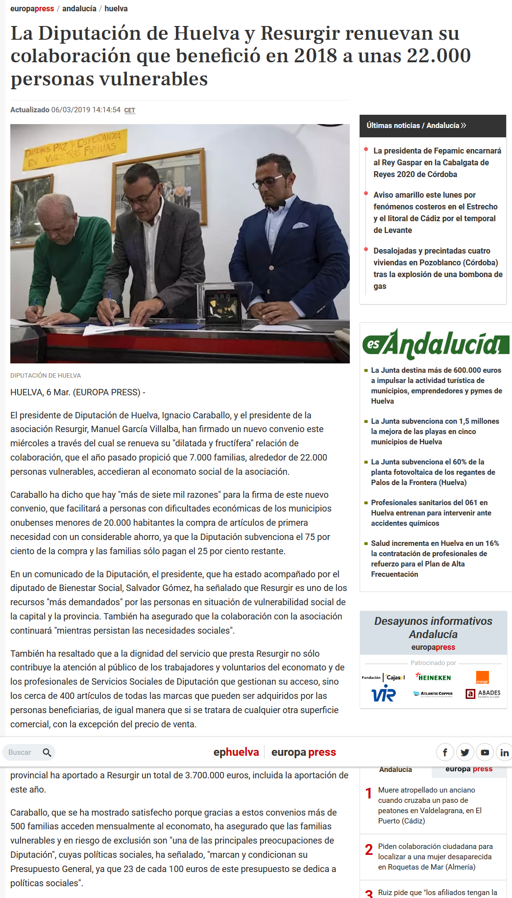La Diputación de Huelva y Resurgir renuevan su colaboración que benefició en 2018 a unas 22 000 perso[...]
